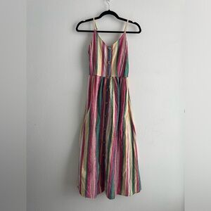 Colorful vertical stripes linen blend button front dress lightweight vintage | S